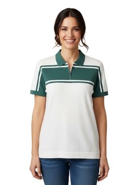 Short-Sleeve Polo Top in White and Green with Zip Front